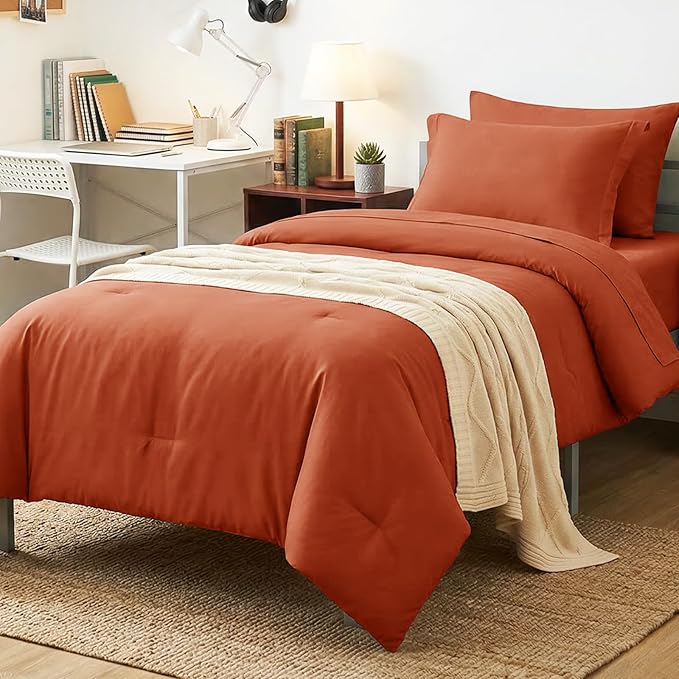 Twin XL Comforter Terracotta, 5 Pieces Bed in a Bag | College Dorm Essentials, OEKO-TEX Certified, 240GSM Down Alternative Comforter, Flat & Fitted Sheets, Pillowcase & Sham
