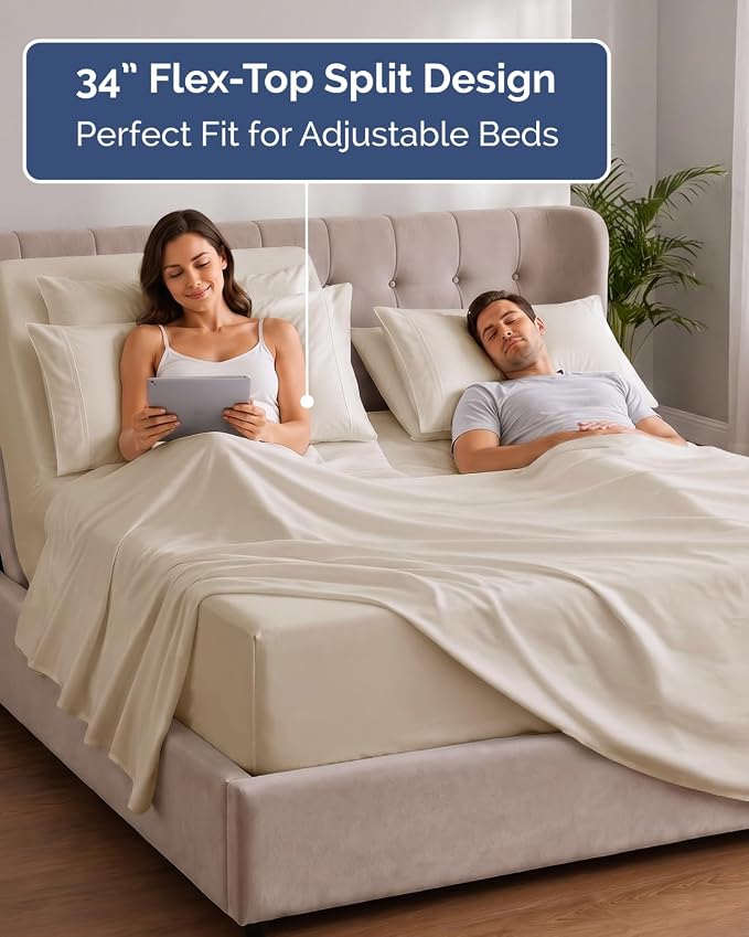 CGK Unlimited Extra Deep Flex Top Split Head King Sheet Set - 6 Piece Breathable and Cooling Sheets - Hotel Luxury Bedding for Women, Men, Kids & Teens - Easy Secure Fit - Extra Deep Pockets - Wheat