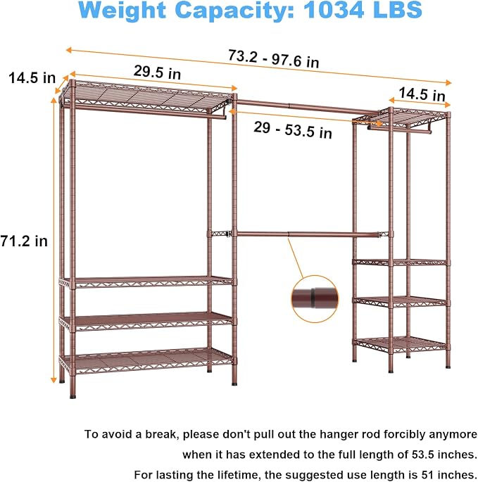 Ulif E11 Heavy-Duty Closet Garment Rack, Metal Clothes Rack, Load 1034lbs | Bronze Freestanding Expandable Clothing Storage Organizer System for Hanging Clothes, (73.2-97.6)"W x 14.5"D x 71.2"H