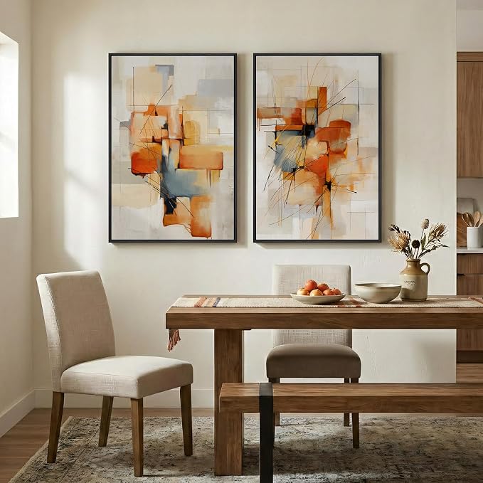 Large Framed Blue Orange Block Abstract Wall Art for Living Room, 24x36 In | 2 Piece, Canvas prints, Colorful paintings, Modern minimalist artwork, Orange block pictures, Dining room bedroom wall decor