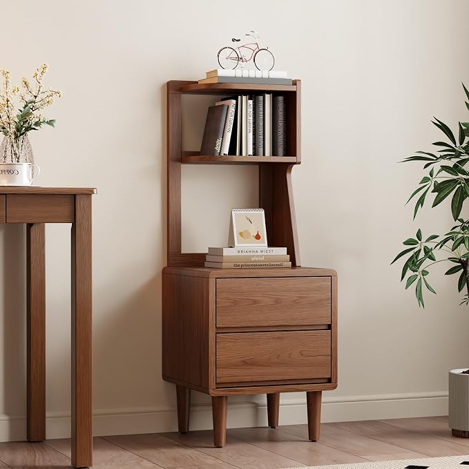 Solid Wood Bookshelf Nightstand Combo, Tall Nightstand with Bookshelf | Walnut Nightstand Bookshelf,Solid Wood Nightstand with Drawers,Open Shelf Bookcase,for Bedroom,Living Room,Offices
