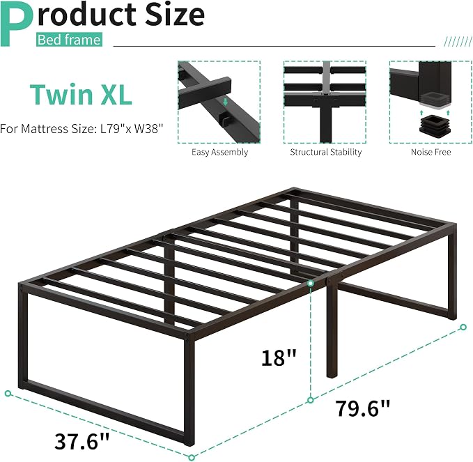 Lutown-Teen 18 Inch Twin XL Bed Frames with Heavy Duty Steel Slat Support | XL Twin Platform Bed Frame No Box Spring Needed, Noise Free, Easy Assembly, Black