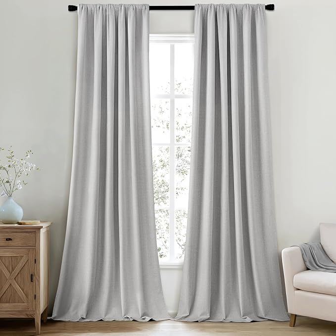 MIULEE 100% Blackout Back Tab Pleat Linen Curtains 50" Wx102 L,Grey | 2 Panels,Thick Faux Linen,Floor to Ceiling,with Hooks,for Bedroom Living Room,Black Out,Room Darkening