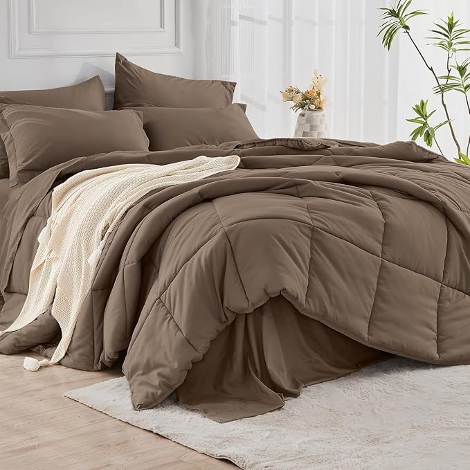 JOLLYVOGUE Oversized Queen Comforter Set, Ultra-Soft Bed in a Bag Oversized Queen Size 7 Pieces, Oeko-TEX Certified Bedding Set with Down Alternative Comforter, Sheets, Pillowcases & Shams, Brown
