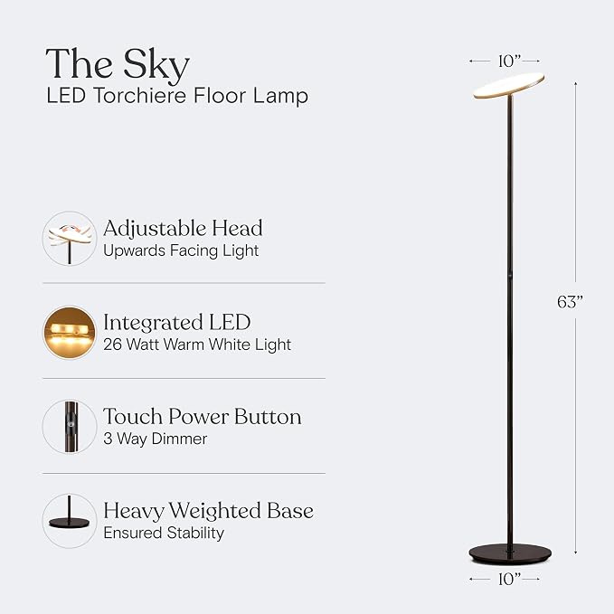 Brightech Sky LED Floor lamp, Torchiere Super Bright Floor Lamp for Living Rooms & Offices - Dimmable, Tall Standing Lamp for Bedroom Reading - Black Chrome