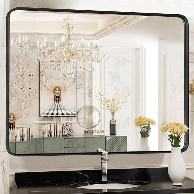 NEWBULIG Bathroom Mirror for Over Sink, 30X40 Inch Wall Vanity Mirror | Wall Mount, Tempered Glass, Anti-Rust Metal Framed, Rounded Rectangle, Farmhouse Home Decor, Black