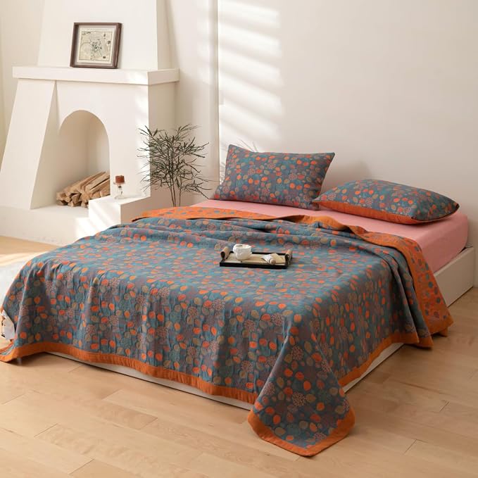 100% Cotton Muslin Blanket Jacquard Rustic Floral Leaves Print Quilt, Soft Bed Cover 3 Layers Reversible Bedspread Coverlet Breathable Lightweight Bedding Twin(59"x94"), No Pillow Sham