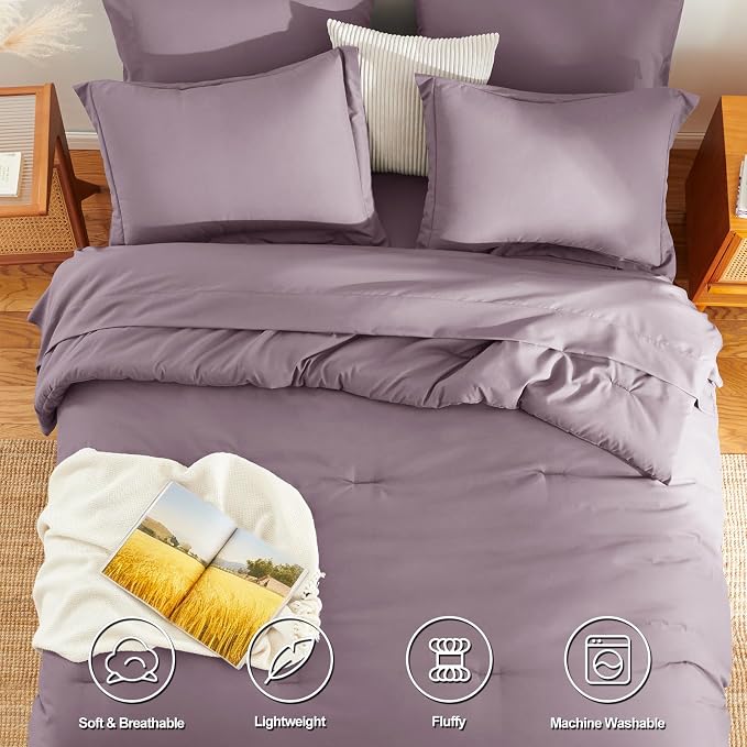 HIMEET King Comforter Set, 7-Piece Point-Quilted Bed in a Bag, Dusty Purple | OEKO-TEX Certified, Lightweight 240 GSM Comforter, Flat Sheet, 14-Inch Deep-Pocket Fitted Sheet, Pillowcases & Shams