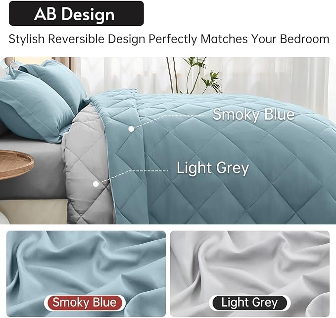 7 Pieces King Comforter Set, Reversible Bed in a Bag King Size, All Season Bedding Set with Comforter, Flat Sheet, Fitted Sheet, Pillowcases & Shams, Greyish Blue & Light Grey