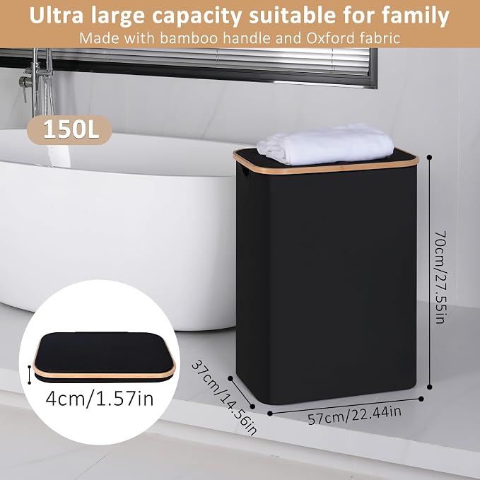 IEGrow Laundry Hamper with Lid,150L Laundry Basket with 2 Mesh Bags,Black | Dirty Clothes Hamper Basket with Bamboo Handle for Clothes Towels