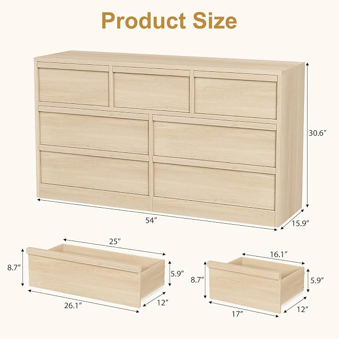Garvee 7 Dresser for Bedroom, 54" Wide Dresser, Freestanding Horizontal Drawer with Storage, Wooden Closet Chest Storage for Living Room, Hallway, Entryway, Natural Oak