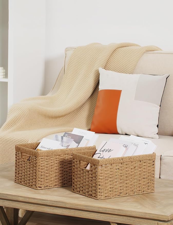 StorageWorks Wicker Storage Baskets for Shelves, Paper Rope Basket, 2-Pack | Rectangular Wicker Storage Baskets, Wicker Basket with Handles, Pantry Organizer and Storage, Woven Baskets,13"L x 8¼"W x 7"H