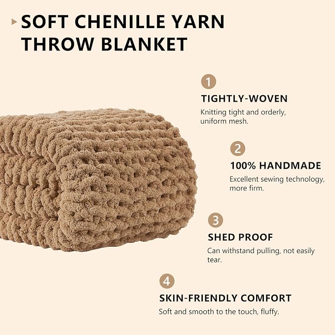 L'AGRATY Chunky Knit Throw Blanket for Couch, 72'' x 84'' Knit Throw, Tan | Handmade Chenille Crochet Blanket for Sofa Bed, Thick Cable Knitted Blankets for Room Home Decor, Birthday Gift for Women Mom