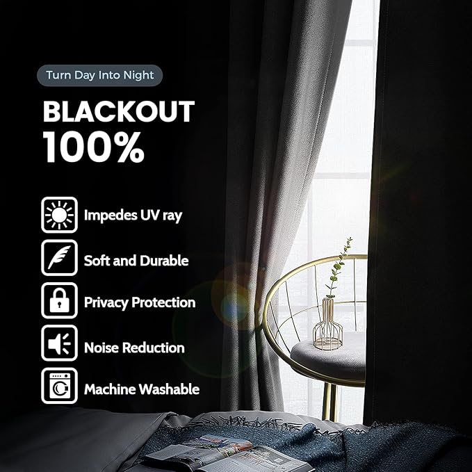 SimpleHome Grey 100% Blackout Curtains Room Darkening Living Room 84 Inch | Curtains for Bedroom,Thermal Insulated Grommet Window Drapes,Curtains for Living Room with Black Back,62 x 84 Inch,2 Panels