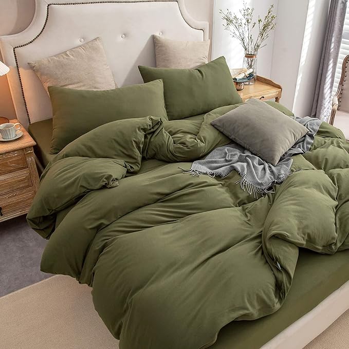 PURE ERA Jersey Knit Sheet Set Solid Olive Green Queen | 100% Cotton, 3 Piece Set, T Shirt Soft, Breathable, Envelope Closure Pillowcases, Hidden Zipper, 8 Ties, No Insert, Modern