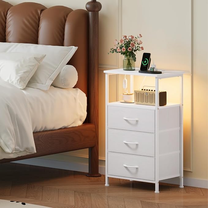 Somdot Nightstands Set of 2 with 3 Drawers, Charging Station & LED Light | Open-Shelf End Tables for Bedside, Small Spaces, Bedroom, Entryway and Hallway, White