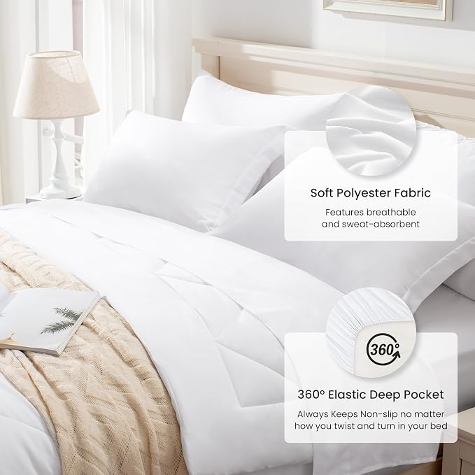 Love's cabin Queen Comforter Set White, 7 Pieces Queen Bed in a Bag, All Season Bedding Sets with 1 Comforter, 1 Flat Sheet, 1 Fitted Sheet, 2 Pillowcase and 2 Pillow Sham