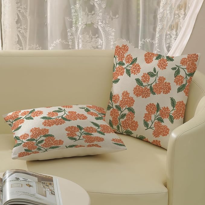 Fall Burnt Orange Pillow Covers 24x24 Inch 2 Pcs Green Hydrangea Flower Decor Throw Pillows Vintage Floral Seasonal Autumn Outdoor Decoration Pillowcase Linen Cushion Cover for Couch Sofa