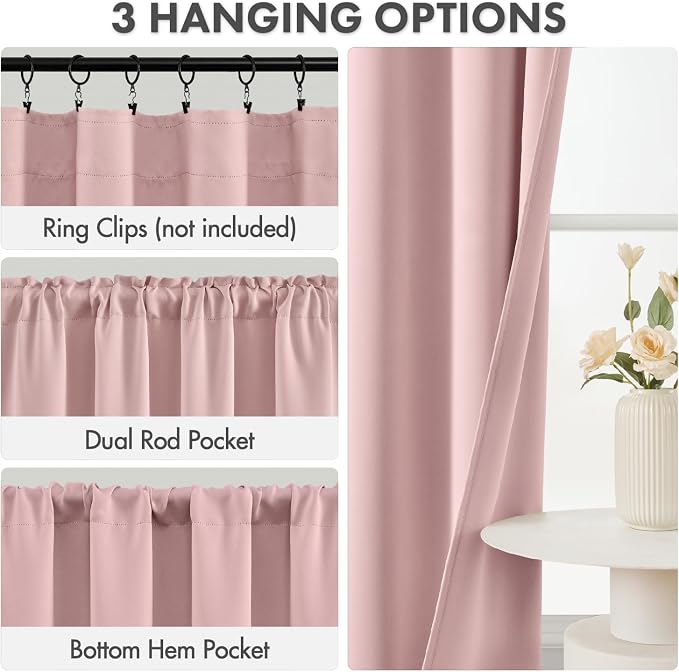 MIULEE 4-Panel 36 Inch Blackout Kitchen Tier Curtains Over Sink Light Pink | Privacy Protection, Heat/Light Blocking, Cafe Curtains, Top&Bottom Rod Pocket, Suitable for Small Windows, Soft&Durable