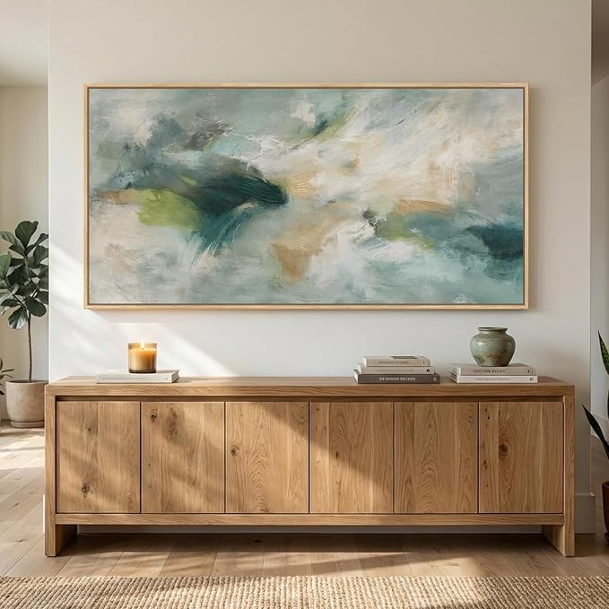 Extra Large Framed Sage Green Abstract Wall Art for Living Room, 36x72 In | Modern teal paintings, Horizontal canvas prints, Oversized pictures, Contemporary artwork, Wall decor for bedroom dining room