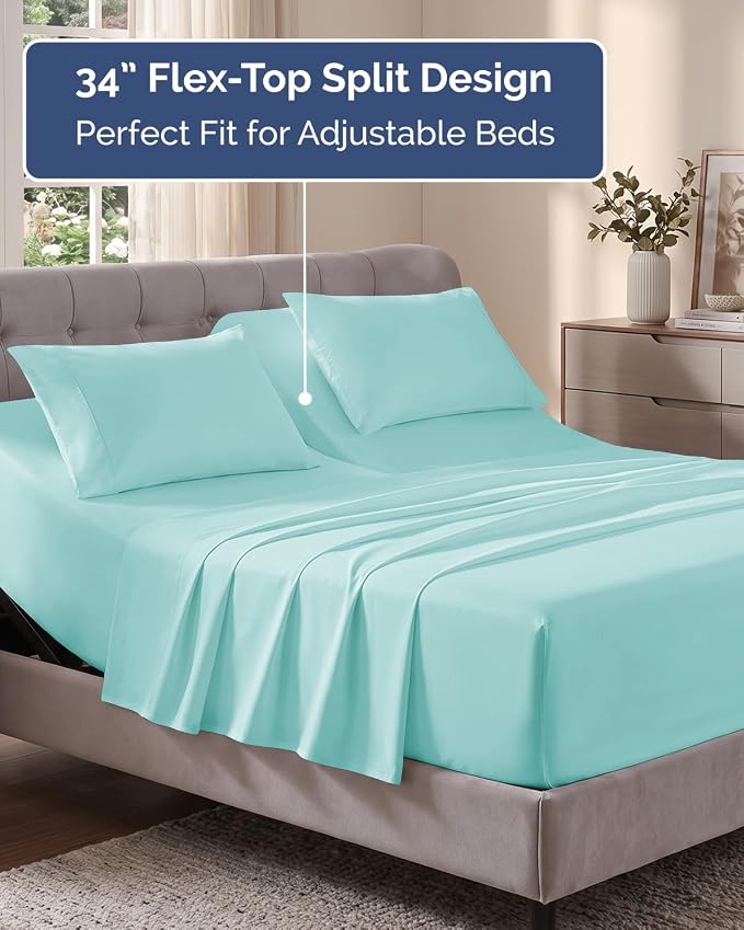 Flex Top Split Head King Sheet Set - 4 Piece Extra Deep Sheets - Spa Blue | Easily Fits 18 to 24 inch Mattress, Ultra Soft, Wrinkle & Fade Free with Extra Deep Pockets, Comfy Hotel Luxury Bedding