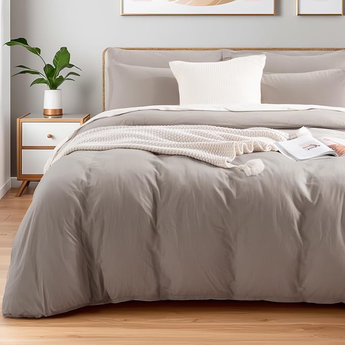 NEXHOME PRO Duvet Cover Set Twin Size Linen Look Textured Organic Natural 100% Washed Cotton Duvet Cover Linen Cream Grey 2 Pieces Bedding Set with Zipper Closure, Breathable (No Comforter)