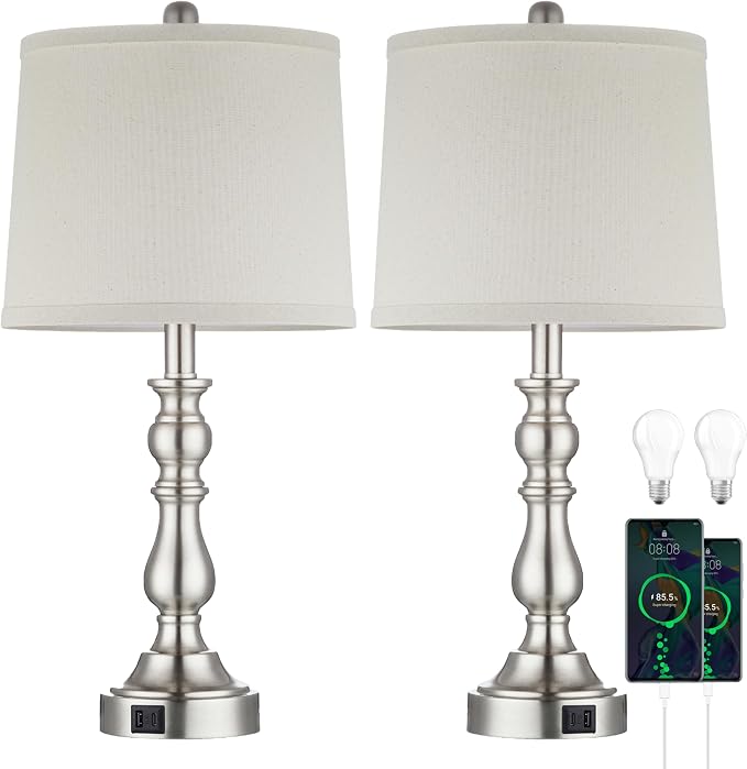 23'' Table Lamps Set of 2, Lamps for Bedroom, USB C+A Ports, Silver | Bedside Lamps with 3 Color Temperatures, Knob Switch, Lamps for Living Room, Office, Night Stands, End Table, Bulbs Included