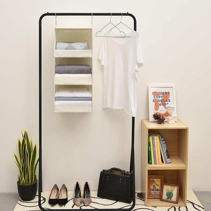 GRANNY SAYS 3-Shelf Hanging Closet Organizer, Foldable Storage, Beige | 33 lb Capacity, No-Sag Support, Keeps Clothes Neat, Folds Flat, Fits RV, Dorm & Small Closets