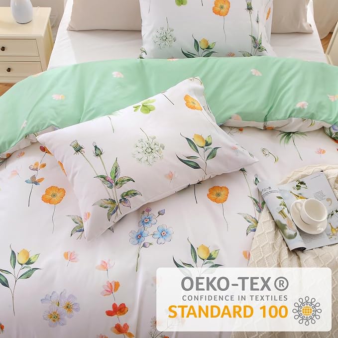 MUXHOMO Duvet Cover King Size, Reversible Floral Multicolor Duvet Cover Set with Zipper Closure, 3 Pieces Botanical Patterns Soft Microfiber Bedding Set with 4 Ties (90"x104", 2 Pillow Cases)