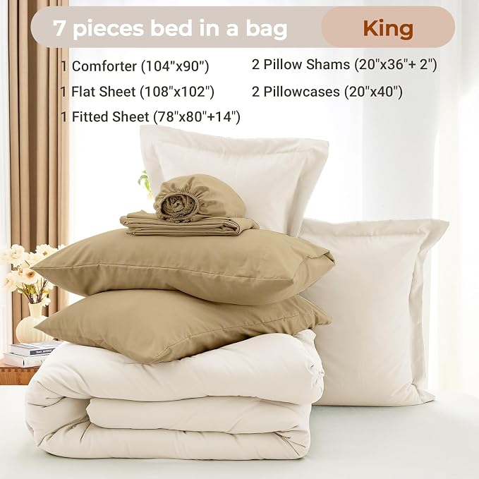 7 Pieces King Comforter Set, Soft Bed in a Bag King Size, All Season Bedding Set with Comforter, Flat Sheet, Fitted Sheet, Pillowcases & Shams, Ivory & Khaki