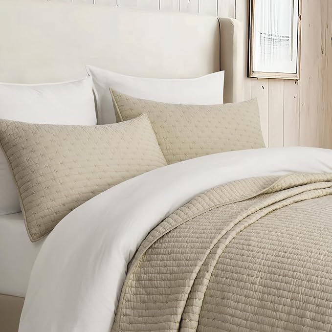 100% Cotton Cross Stitch 3-Piece Quilt Set, King, Driftwood | Cross Stitch Cotton Quilt, Pre-Washed Bedding Set, Oversized Lightweight Bedspread Coverlet, for All Season, with 2 Shams