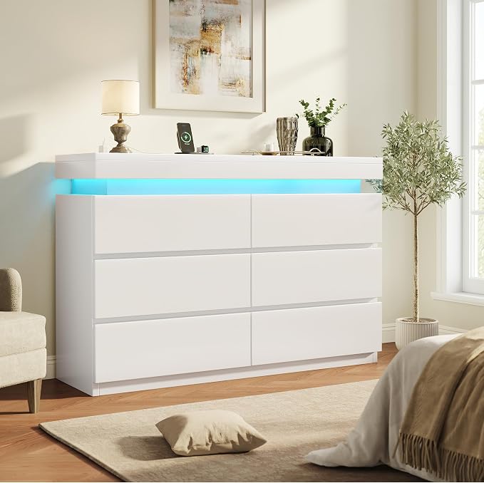 6 Drawer Dresser with LED Lights and Charging Station, Modern White Dresser | RGB Lights with App and Remote Control, Music Sync Mode, 6 Spacious Drawers and Durable MDF Storage for Bedrooms or Closets