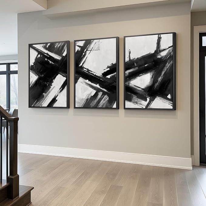Large Framed Black and White Abstract Canvas Wall Art for Living Room | 3 Piece Modern Prints Paintings, Minimalist Artwork, Abstract Brushstroke Pictures, Hallway Dining Office Wall Decor 24x36 In