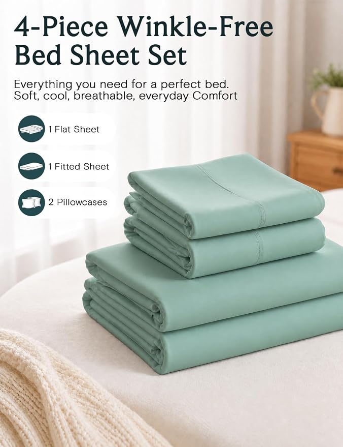 LuxClub 4 PC Queen Sheet Set, Deep Pockets Wrinkle Free Cooling Bed Sheets Hotel Bedding for Women, Men, Includes 1 Fitted Sheet, 1 Flat Sheet and 2 Pillowcases-Soft Light Teal | LuxClub Silky Fitted Sheet & Pillowcase Sets, Breathable Hotel Luxury Bed...