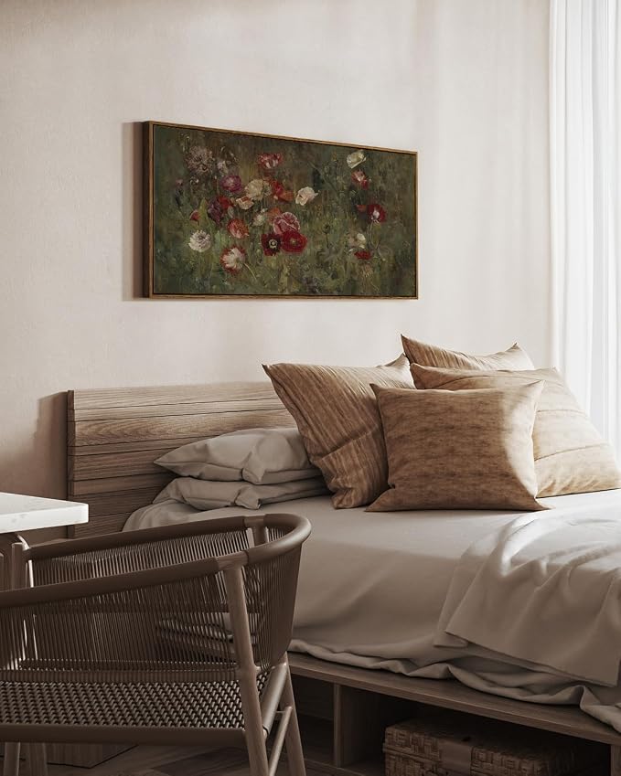 InSimSea Extra Large Framed Vintage Wall Art, Rustic Floral,40x20in | Poppy Farmhouse Picture, Canvas, Long Horizontal, Bedroom Above of Bed Fireplace Living Room