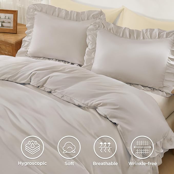 Andency Linen Ruffle Duvet Cover King, Shabby Chic Farmhouse Bedding Set | 3 Pieces Soft Washed Polyester Vintage Ruffled Comforter Cover Set with Zipper Closure & Corner Ties, 104x90Inch