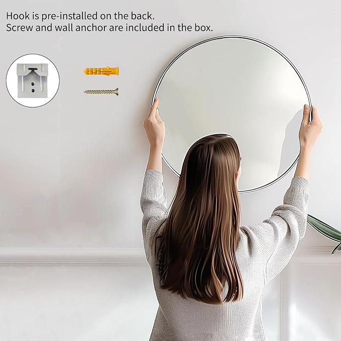 Large Round Mirror,30 inch Circle Mirror,Brushed Silver Metal Frame | High Definition Mirror, Rust-resistant, Easy Installation, Circular Mirrors for Living room Cloakroom, Hallway, Bathroom