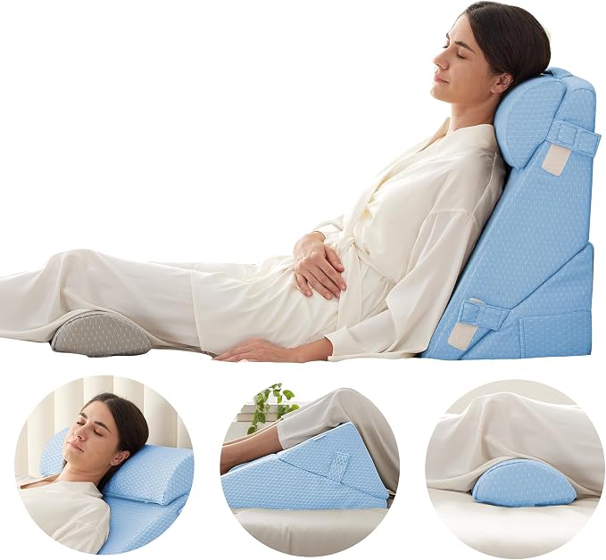 Adjustable 4pcs Bed Wedge Pillow Set, Memory Foam Wedges Pillow Post Surgery for Back, Neck, Leg Pain Relief, Pillows Wedge for Sleeping, Sitting up in Bed, Acid Reflux and GERD, Light Blue