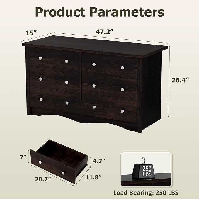 Shahoo Dresser for Bedroom with 6 Drawers, 47.2" Wood Dresser, Brown | Chests of Drawers, Anti-tip, Storage Organizer, TV Stand for Living Room, Closet, Hallway, Dormitory