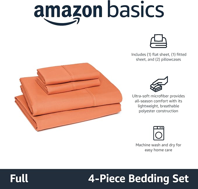 Amazon Basics Lightweight Microfiber 4-Piece Bed Sheet Set, Full, Brick, Solid