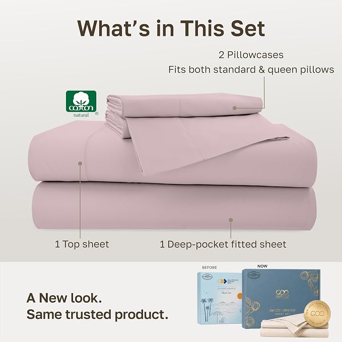 California Design Den 100% Cotton Sateen Queen Sheet Set Deep Pocket, 4 Pcs | Soft 500 Thread Count Backed by Good Housekeeping Seal, 16" Deep Pocket, All-Around Elastic, Durable, Easy Care - Soft Rose