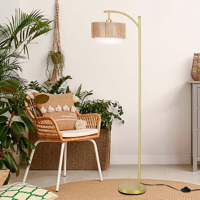 SUNMORY Arc Floor Lamps for Living Room, Rattan Standing lamp with 12W Bulb | Arched LED Lamp with 3 Color Temperatures, Farmhouse Floor Lamps with Adjustable Shades, Boho Floor Lamp for Bedroom, Corner