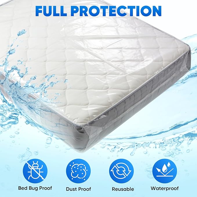TICONN 1PK Plastic Mattress Bags for Moving, Waterproof Mattress Cover | 3D Gusset Design, Tear Resistant & Dust Protection, Multiple Sizes /Thickness Options, Reusable Mattress Protector