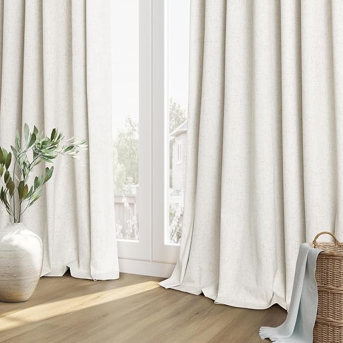Extra Long 100% Blackout Linen Curtains for Bedroom 142 Inches Long Natural Cream Black Out Curtain Back Tab Thermal Insulated Room Darkening Window Drapes for Living Room 2 Panels Beige Ivory 52x142