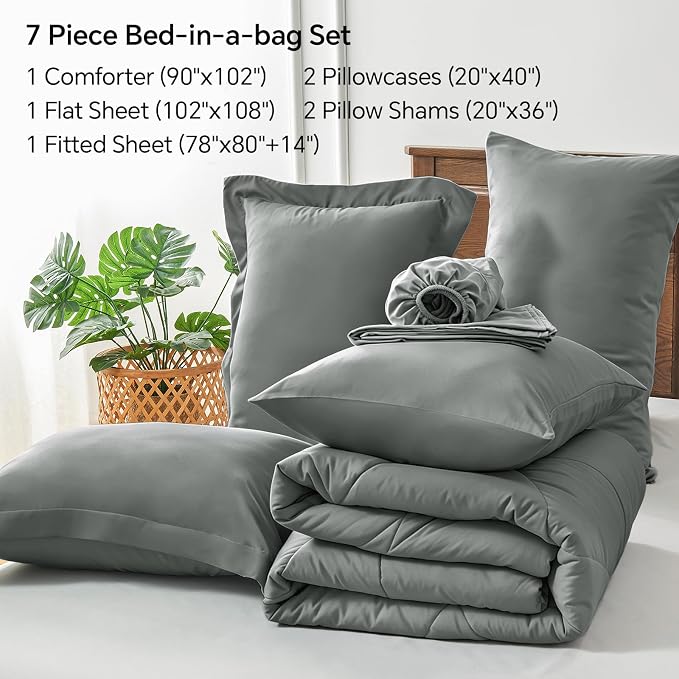 BEDELITE King Comforter Set 7 Pieces, Solid Dark Grey Bed in A Bag | Soft All Season Down-Alternative Comforter, Sheets, Pillowcases & Shams, OEKO-TEX Certified Bedding for Bedrrom, Guest Room