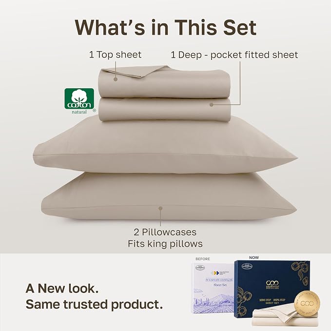 California Design Den Luxury 1000 Thread Count Cotton Sheets King, 4 Pc Set | Backed by Good Housekeeping Seal - 100% Cotton Sateen - Soft, Thick & Heavy, 16" Deep Pocket, Durable - Beige (Sand Tone)