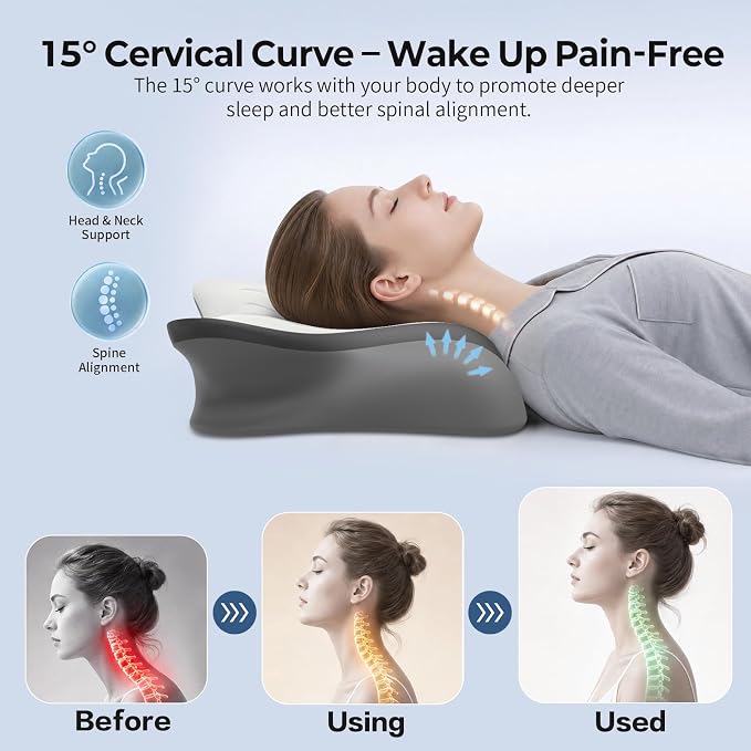 Pain Relief Cervical Neck Pillow, Ergonomic Contour | Q-Max Cooling | Non-Temperature Memory Foam | Side/Back/Stomach Sleeper Support for Sleeping, Reading, Scrolling (Blue & Dark Grey)
