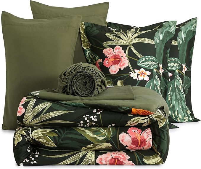 Full Size Comforter Sets - 7 Pieces Floral Bed in a Bag Full Bedding Set | Dark Green Botanical Flowers Comforter Set with Sheets, Pillowcases & Shams for All Seasons