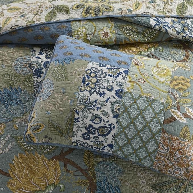 ENASAL Cotton Bedspread Quilt Sets Reversible Bedding Coverlet Sets Comforter,Patchwork Vintage Paisley Rustic Turquoise Bedspread, King Size