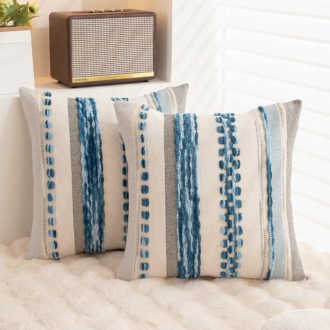 Boho Throw Pillow Covers Decorative Neutral Farmhouse Pillow case | 18x18 Set of 2 Cushion Case Striped Square Pillows Cover Couch Pillow Cases Accent Pillowcase for Sofa Bed,Sky Blue